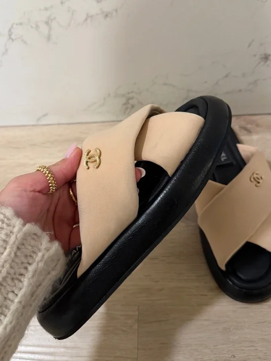 Chanel CC Logo Crossover Slide Sandals Beige/Black Size 37 w/ Box & Dust Bag - Picture 3 of 5